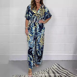 DERMEARNE Women Rompers V Neck Jumpsuits Ankle Length Wide Leg Pants Printing Pullover One Piece Spliced Loose Casual Pockets 2024