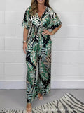 DERMEARNE Women Rompers V Neck Jumpsuits Ankle Length Wide Leg Pants Printing Pullover One Piece Spliced Loose Casual Pockets 2024