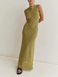 DERMEARNE Women Sexy Knitted Maxi Dress Sleeveless Tank Crochet See Through Bodycon Side Split Dress Swimsuit Sexy Coverup Dress Beachwear