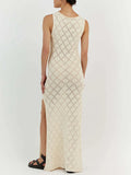 DERMEARNE Women Sexy Knitted Maxi Dress Sleeveless Tank Crochet See Through Bodycon Side Split Dress Swimsuit Sexy Coverup Dress Beachwear