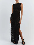 DERMEARNE Women Sexy Knitted Maxi Dress Sleeveless Tank Crochet See Through Bodycon Side Split Dress Swimsuit Sexy Coverup Dress Beachwear