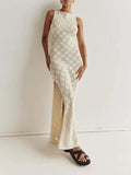 DERMEARNE Women Sexy Knitted Maxi Dress Sleeveless Tank Crochet See Through Bodycon Side Split Dress Swimsuit Sexy Coverup Dress Beachwear