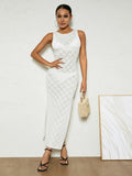 DERMEARNE Women Sexy Knitted Maxi Dress Sleeveless Tank Crochet See Through Bodycon Side Split Dress Swimsuit Sexy Coverup Dress Beachwear