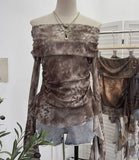 DERMEARNE Women Sexy One Shoulder Streamer Retro Tie Dye Printed Mesh Top Hot Girl Pleated Long Sleeve Shirt Y2K Fashion Streetwear 8003