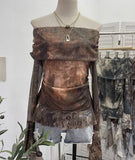 DERMEARNE Women Sexy One Shoulder Streamer Retro Tie Dye Printed Mesh Top Hot Girl Pleated Long Sleeve Shirt Y2K Fashion Streetwear 8003