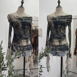 DERMEARNE Women Sexy One Shoulder Streamer Retro Tie Dye Printed Mesh Top Hot Girl Pleated Long Sleeve Shirt Y2K Fashion Streetwear 8003