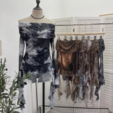 DERMEARNE Women Sexy One Shoulder Streamer Retro Tie Dye Printed Mesh Top Hot Girl Pleated Long Sleeve Shirt Y2K Fashion Streetwear 8003