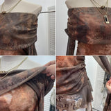 DERMEARNE Women Sexy One Shoulder Streamer Retro Tie Dye Printed Mesh Top Hot Girl Pleated Long Sleeve Shirt Y2K Fashion Streetwear 8003