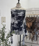 DERMEARNE Women Sexy One Shoulder Streamer Retro Tie Dye Printed Mesh Top Hot Girl Pleated Long Sleeve Shirt Y2K Fashion Streetwear 8003