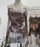 DERMEARNE Women Sexy One Shoulder Streamer Retro Tie Dye Printed Mesh Top Hot Girl Pleated Long Sleeve Shirt Y2K Fashion Streetwear 8003