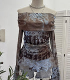 DERMEARNE Women Sexy One Shoulder Streamer Retro Tie Dye Printed Mesh Top Hot Girl Pleated Long Sleeve Shirt Y2K Fashion Streetwear 8003