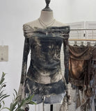 DERMEARNE Women Sexy One Shoulder Streamer Retro Tie Dye Printed Mesh Top Hot Girl Pleated Long Sleeve Shirt Y2K Fashion Streetwear 8003