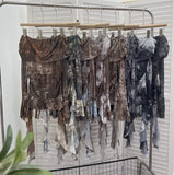 DERMEARNE Women Sexy One Shoulder Streamer Retro Tie Dye Printed Mesh Top Hot Girl Pleated Long Sleeve Shirt Y2K Fashion Streetwear 8003