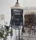 DERMEARNE Women Sexy One Shoulder Streamer Retro Tie Dye Printed Mesh Top Hot Girl Pleated Long Sleeve Shirt Y2K Fashion Streetwear 8003