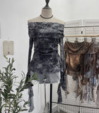 DERMEARNE Women Sexy One Shoulder Streamer Retro Tie Dye Printed Mesh Top Hot Girl Pleated Long Sleeve Shirt Y2K Fashion Streetwear 8003