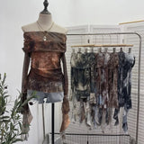 DERMEARNE Women Sexy One Shoulder Streamer Retro Tie Dye Printed Mesh Top Hot Girl Pleated Long Sleeve Shirt Y2K Fashion Streetwear 8003