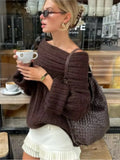 DERMEARNE Women Sexy Solid One Neck Ribbed Sweater Fashion Off Shoulder Long Sleeve Knitted Pullover 2025 Autumn Lady Chic Street Knitwear