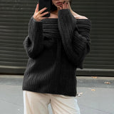 DERMEARNE Women Sexy Solid One Neck Ribbed Sweater Fashion Off Shoulder Long Sleeve Knitted Pullover 2025 Autumn Lady Chic Street Knitwear