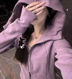 DERMEARNE Women Solid Color Hoodie Korean Edition Harajuku Gothic Casual Multi Functional Loose Y2K Zipper Short Women Long Sleeve Jacket