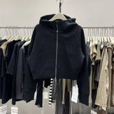 DERMEARNE Women Solid Color Hoodie Korean Edition Harajuku Gothic Casual Multi Functional Loose Y2K Zipper Short Women Long Sleeve Jacket