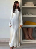 DERMEARNE Women Solid Ruffles Knitted Dress Loose Elegant O Neck Long Trumpet Sleeve Maxi Dresses 2025 New Spring Summer Female Knitwear