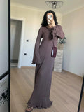 DERMEARNE Women Solid Ruffles Knitted Dress Loose Elegant O Neck Long Trumpet Sleeve Maxi Dresses 2025 New Spring Summer Female Knitwear