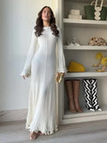DERMEARNE Women Solid Ruffles Knitted Dress Loose Elegant O Neck Long Trumpet Sleeve Maxi Dresses 2025 New Spring Summer Female Knitwear