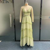 DERMEARNE Women Sundress Hollow Out Lace Splice A Line Beach Dresses V Neck Leaky Waist Folds Gown Elegant Long Vestidos Sleeveless