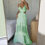 DERMEARNE Women Sundress Hollow Out Lace Splice A Line Beach Dresses V Neck Leaky Waist Folds Gown Elegant Long Vestidos Sleeveless