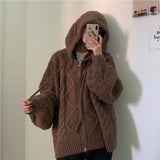 DERMEARNE Women Vintage Street Hooded Cardigan Knitted Twist Sweater Female Casual Autumn Zipper Solid Loose Pocket Long Sleeve Outerwear