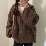 DERMEARNE Women Vintage Street Hooded Cardigan Knitted Twist Sweater Female Casual Autumn Zipper Solid Loose Pocket Long Sleeve Outerwear