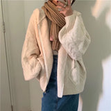 DERMEARNE Women Vintage Street Hooded Cardigan Knitted Twist Sweater Female Casual Autumn Zipper Solid Loose Pocket Long Sleeve Outerwear