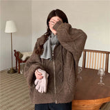 DERMEARNE Women Vintage Street Hooded Cardigan Knitted Twist Sweater Female Casual Autumn Zipper Solid Loose Pocket Long Sleeve Outerwear