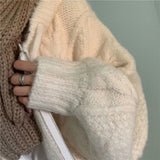 DERMEARNE Women Vintage Street Hooded Cardigan Knitted Twist Sweater Female Casual Autumn Zipper Solid Loose Pocket Long Sleeve Outerwear