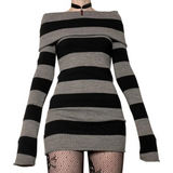 DERMEARNE Women Y2K Knit Mini Dress Striped Long Sleeve Off Shoulder Bodycon Short Sweater Dress Trendy Night Club Streetwear