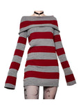 DERMEARNE Women Y2K Knit Mini Dress Striped Long Sleeve Off Shoulder Bodycon Short Sweater Dress Trendy Night Club Streetwear