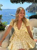 DERMEARNE Women Yellow Floral Print Mini Dress Chic Deep V Neck Slim Garden Pleated Short Dresses 2025 New Spring Summer Casual Cute Gown