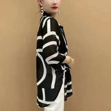 DERMEARNE Women's 2025 Summer New Patchwork Polo Collar Button Printing Stripes Fashion Loose All-match Casual 3/4 Sleeve Blouses Shirts