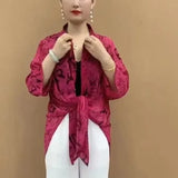 DERMEARNE Women's 2025 Summer New Patchwork Polo Collar Button Printing Stripes Fashion Loose All-match Casual 3/4 Sleeve Blouses Shirts