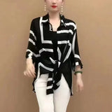 DERMEARNE Women's 2025 Summer New Patchwork Polo Collar Button Printing Stripes Fashion Loose All-match Casual 3/4 Sleeve Blouses Shirts