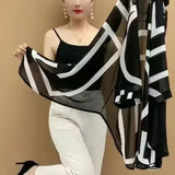 DERMEARNE Women's 2025 Summer New Patchwork Polo Collar Button Printing Stripes Fashion Loose All-match Casual 3/4 Sleeve Blouses Shirts