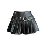 DERMEARNE Women's Black Gothic A-line Pleated Leather Skirt Y2k Mini Shorts Skirts Harajuku Korean Emo Skirt 2000s Vintage Clothes Summer