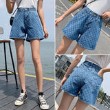 DERMEARNE Women's Blue Denim Shorts 2025 Summer Fashion Korean Casual Wide-leg Shorts Ins Loose Printed Embroidery Denim A-line Shorts Y2K