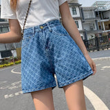 DERMEARNE Women's Blue Denim Shorts 2025 Summer Fashion Korean Casual Wide-leg Shorts Ins Loose Printed Embroidery Denim A-line Shorts Y2K