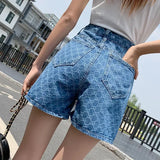 DERMEARNE Women's Blue Denim Shorts 2025 Summer Fashion Korean Casual Wide-leg Shorts Ins Loose Printed Embroidery Denim A-line Shorts Y2K
