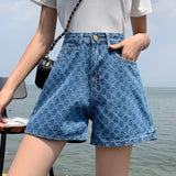 DERMEARNE Women's Blue Denim Shorts 2025 Summer Fashion Korean Casual Wide-leg Shorts Ins Loose Printed Embroidery Denim A-line Shorts Y2K