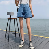 DERMEARNE Women's Blue Denim Shorts 2025 Summer Fashion Korean Casual Wide-leg Shorts Ins Loose Printed Embroidery Denim A-line Shorts Y2K