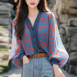 DERMEARNE Women's Clothing Stylish Print Patchwork Button Up Shirt Elegant Chic Sweet Fairy Blouse Casual V Neck Lantern Long Sleeve Tops