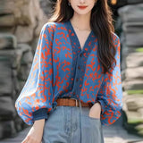 DERMEARNE Women's Clothing Stylish Print Patchwork Button Up Shirt Elegant Chic Sweet Fairy Blouse Casual V Neck Lantern Long Sleeve Tops