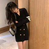 DERMEARNE Women's Crochet Dresses Extreme Mini Female Knit Dress Button Short V Neck Black Clothes Sensual Sexy A Line Outfits New in Kpop